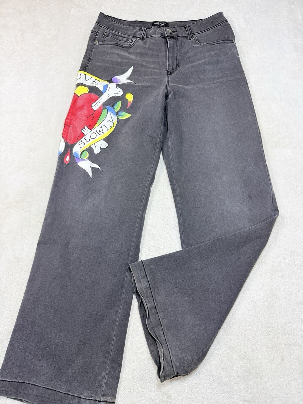 VTG Ed Hardy Love Kills Slowly Flare Jeans Black Tattoo Graphic Y2K Grunge SZ 30